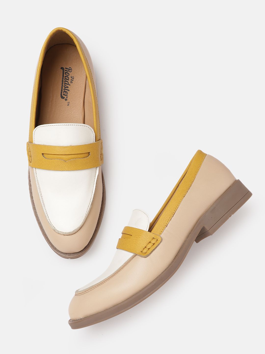 Roadster Women Beige & White Colourblocked Penny Loafers Price in India
