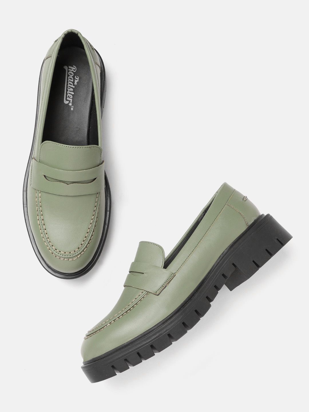 Roadster Women Olive Green Solid Platform Penny Loafers Price in India