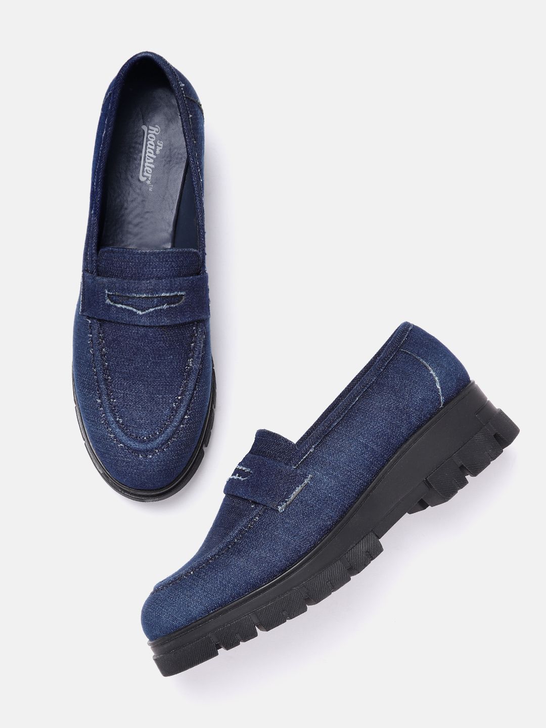 Roadster Women Navy Blue Solid Denim Platform Penny Loafers Price in India