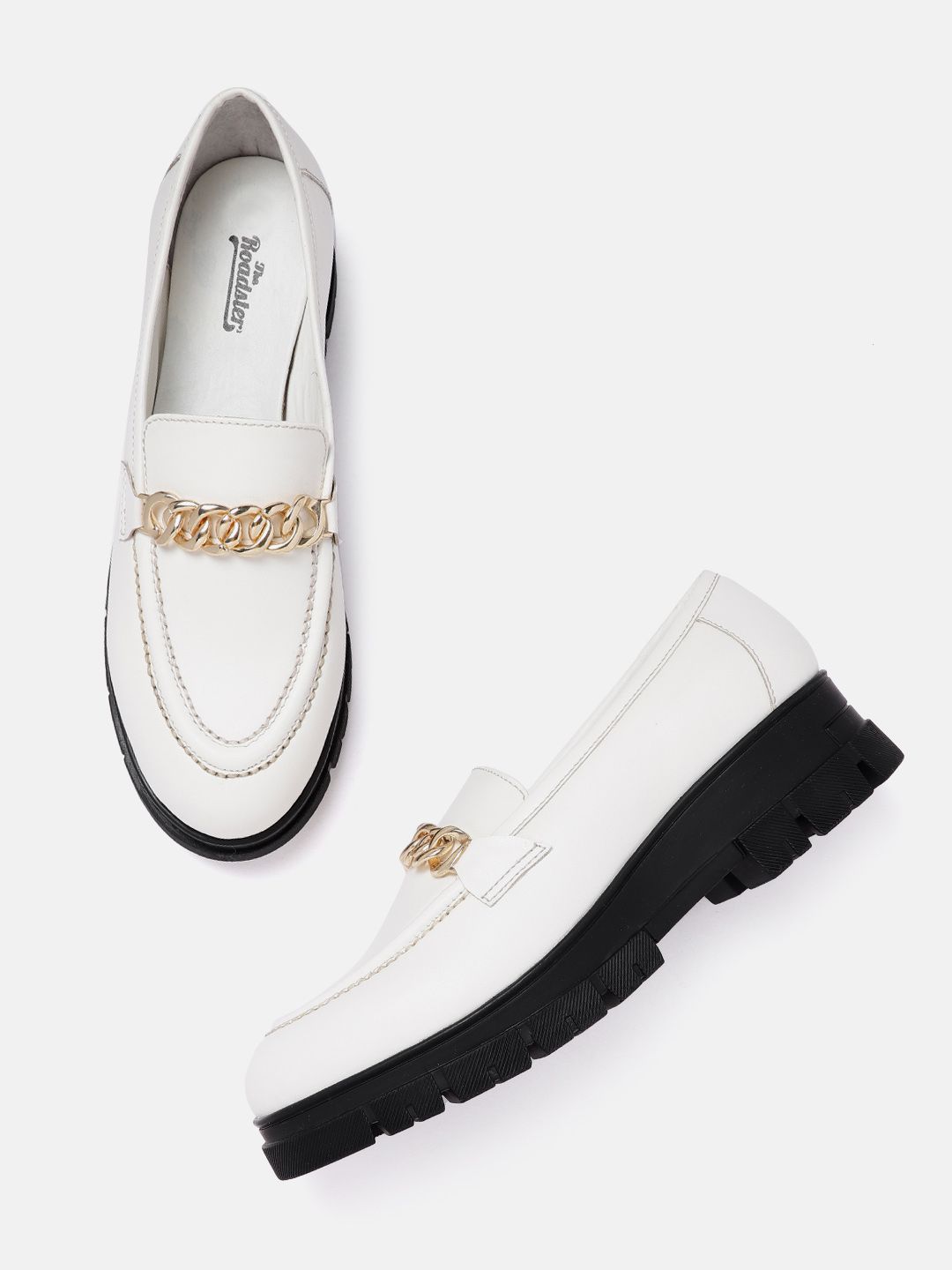Roadster Women Off White & Gold-Toned Solid Link Platform Loafers with Thread Work Detail Price in India