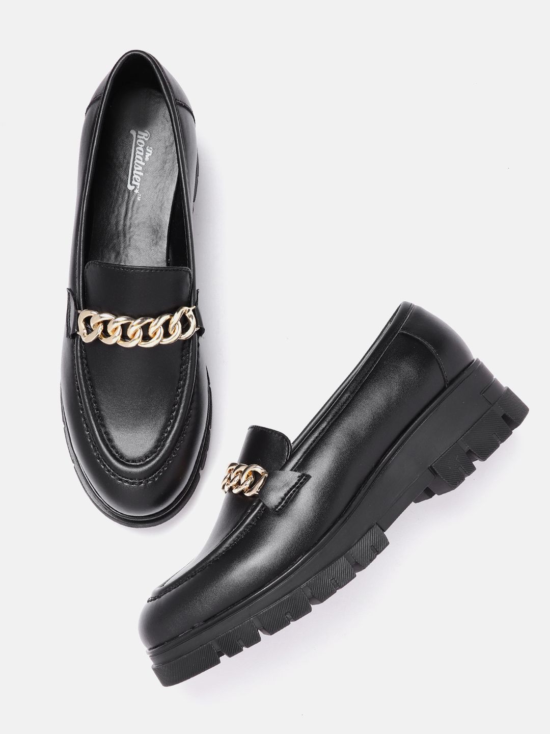 Roadster Women Black & Gold-Toned Solid Link Platform Loafers Price in India