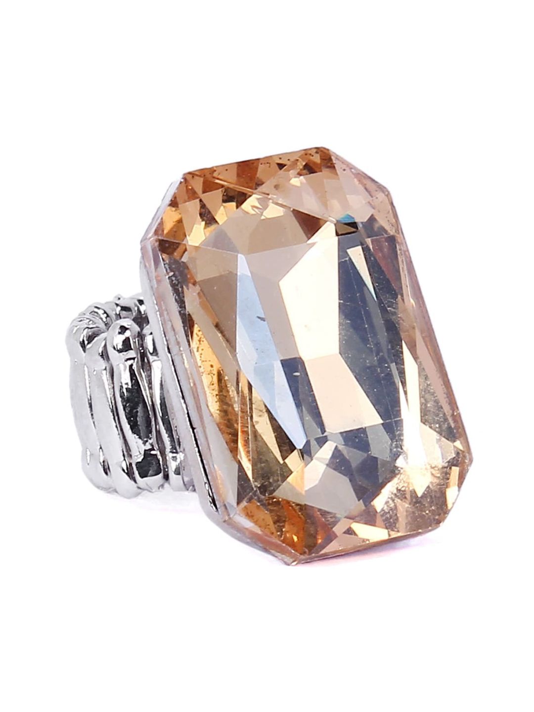 Crunchy Fashion Silver-Plated & Peach Crystal Solitaire Antique Finger Ring Price in India