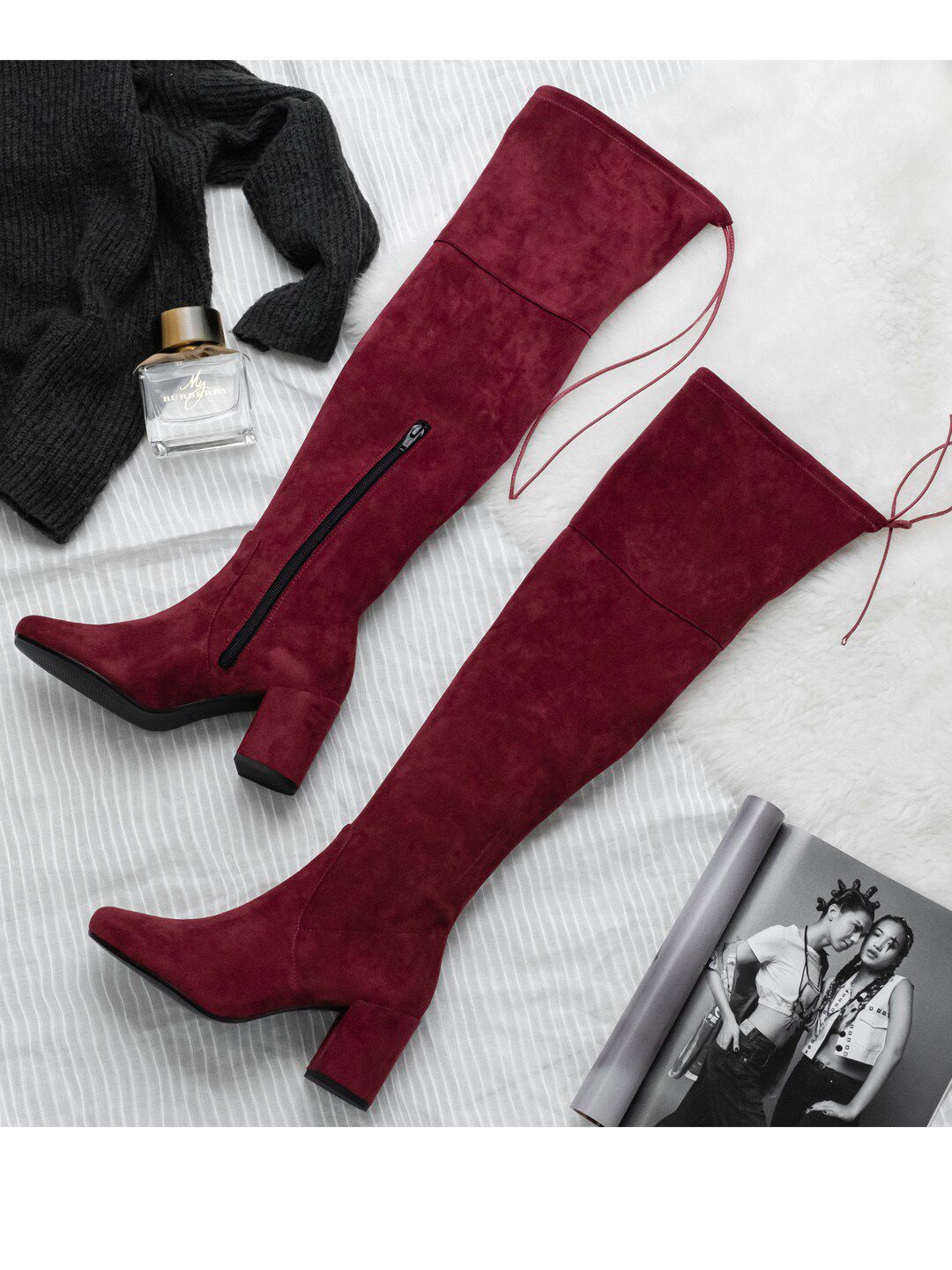 Saint G Womens Maroon Stretch Suede Above The Knee Boots Price in India