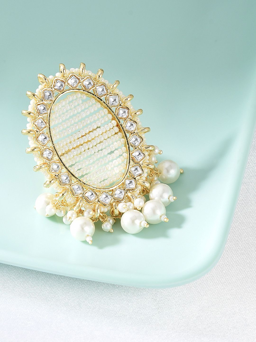 Zaveri Pearls Gold-Plated White Kundan-Studded & Beaded Finger Ring Price in India