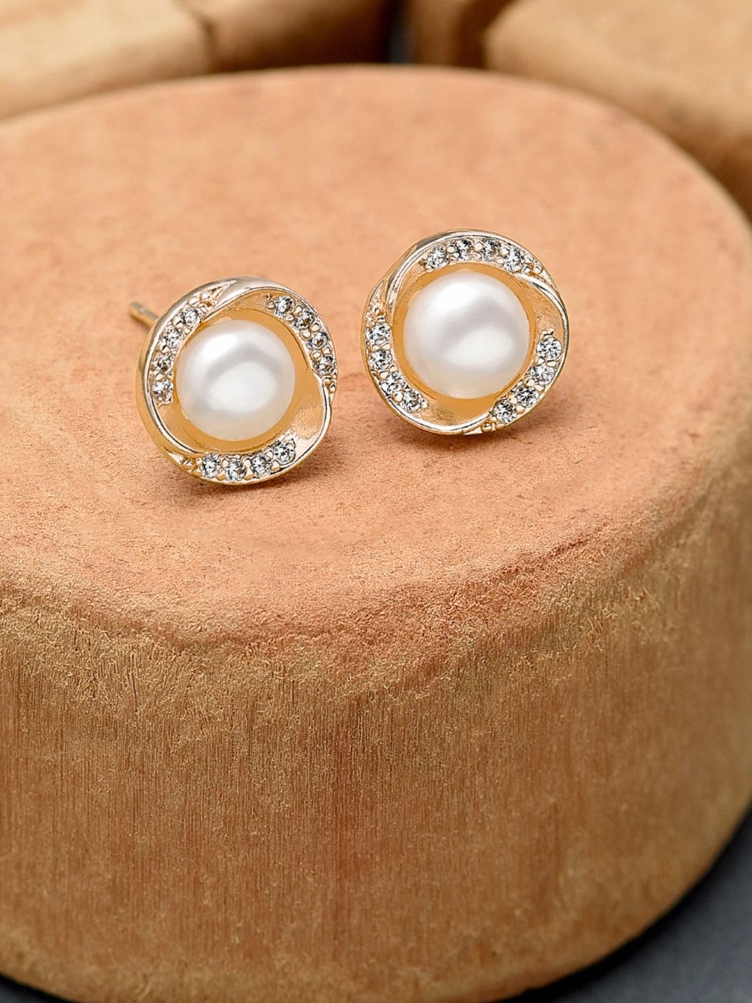 Zaveri Pearls Gold-Plated & White Freshwater Pearl & Cubic Zirconia Studs Earrings Price in India