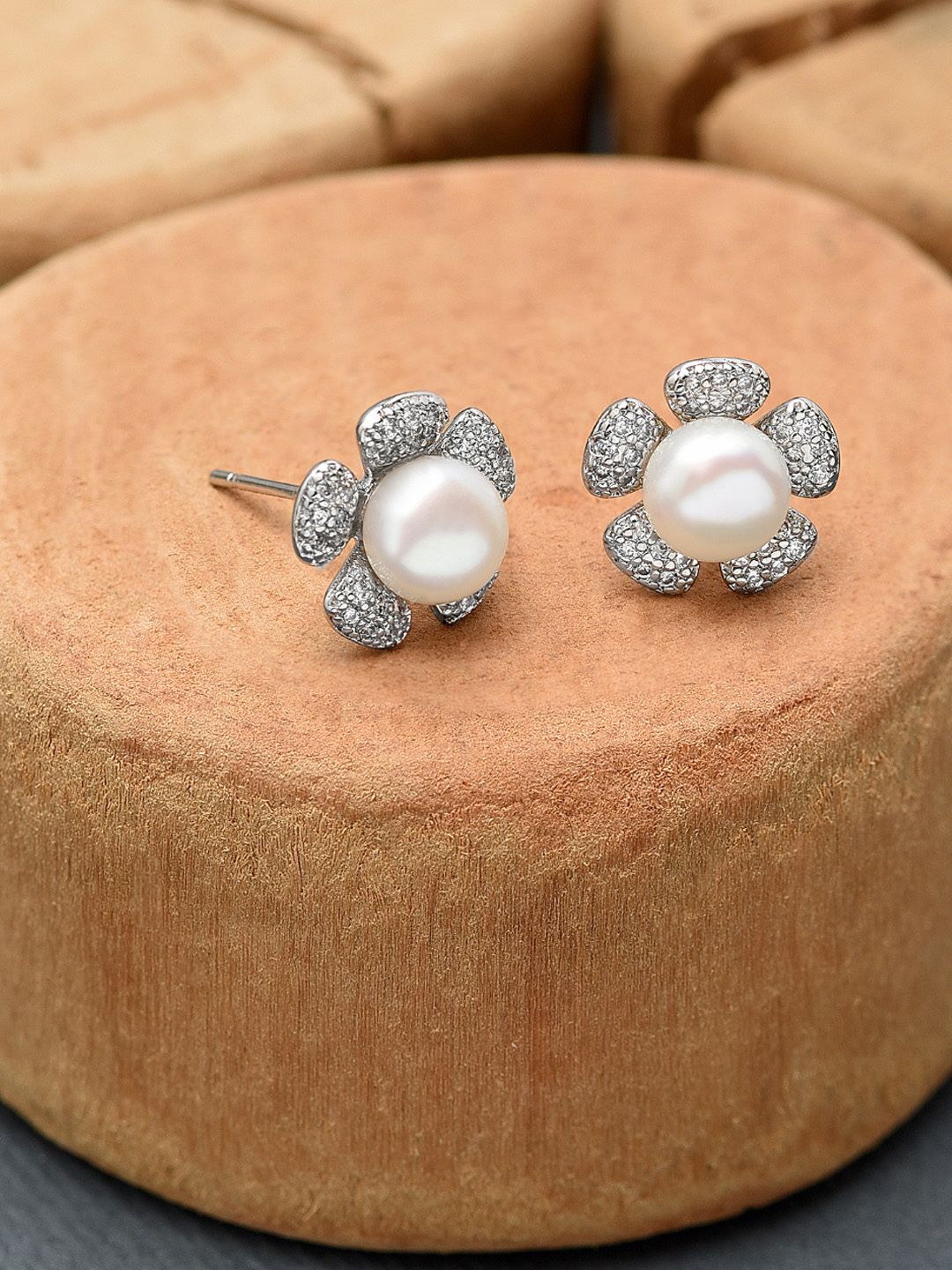 Zaveri Pearls Silver-Plated White Freshwater Pearl & CZ Contemporary Studs Earrings Price in India