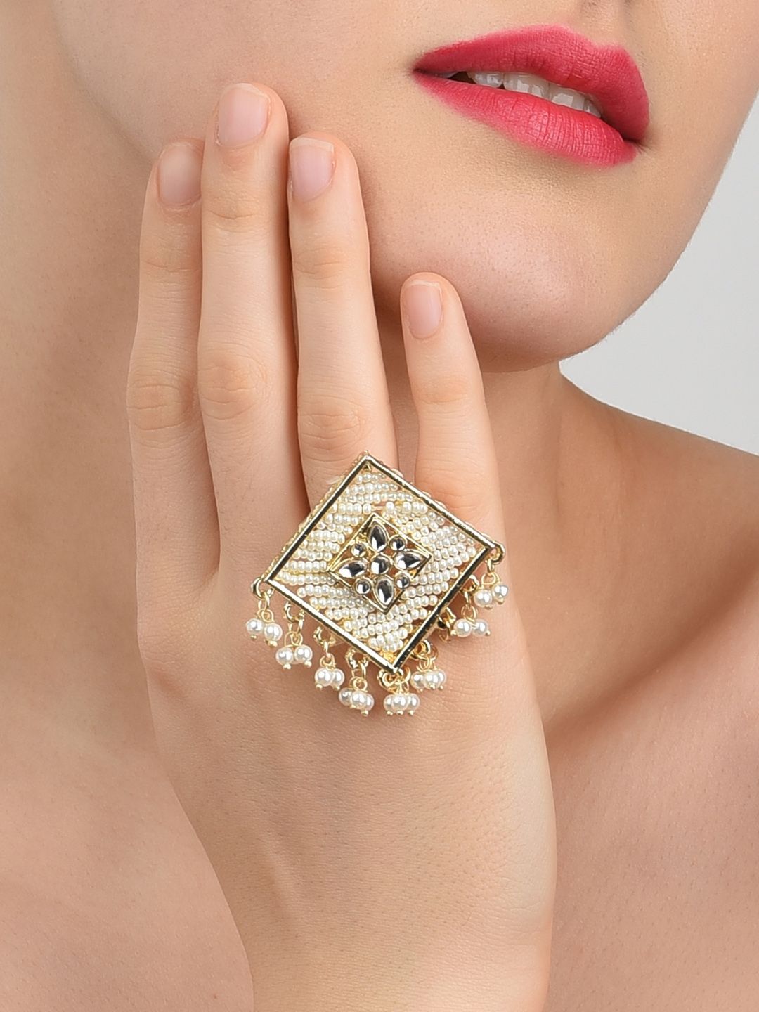 Zaveri Pearls Gold-Plated & White Kundan-Studded Adjustable Finger Ring Price in India
