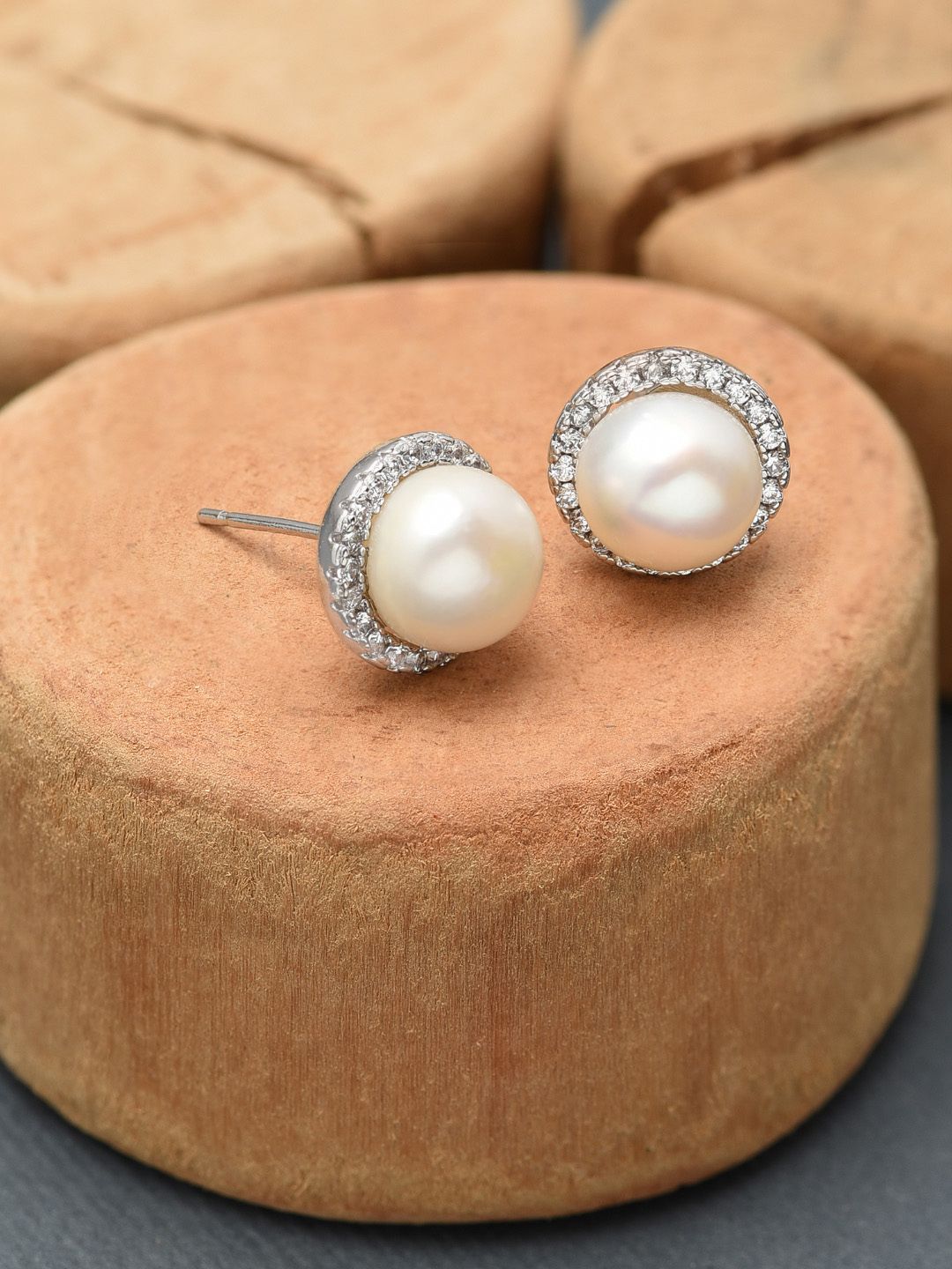 Zaveri Pearls White & Silver-Plated Freshwater Pearl & Cubic Zirconia Studs Earrings Price in India