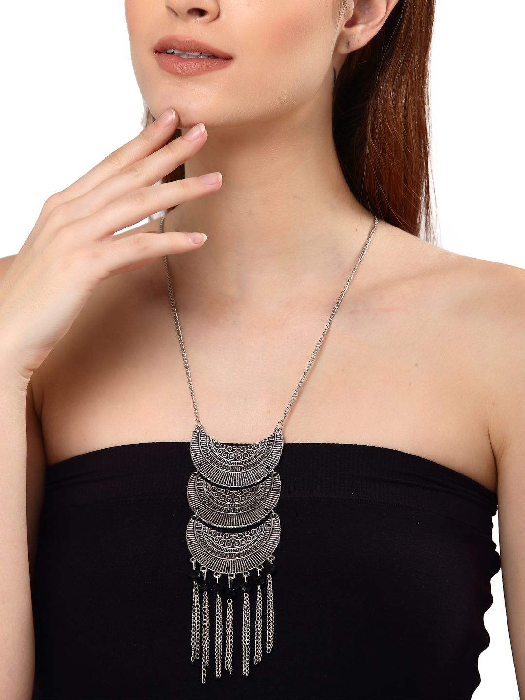 Shining Diva Silver-Toned Silver-Plated Oxidised Necklace Price in India
