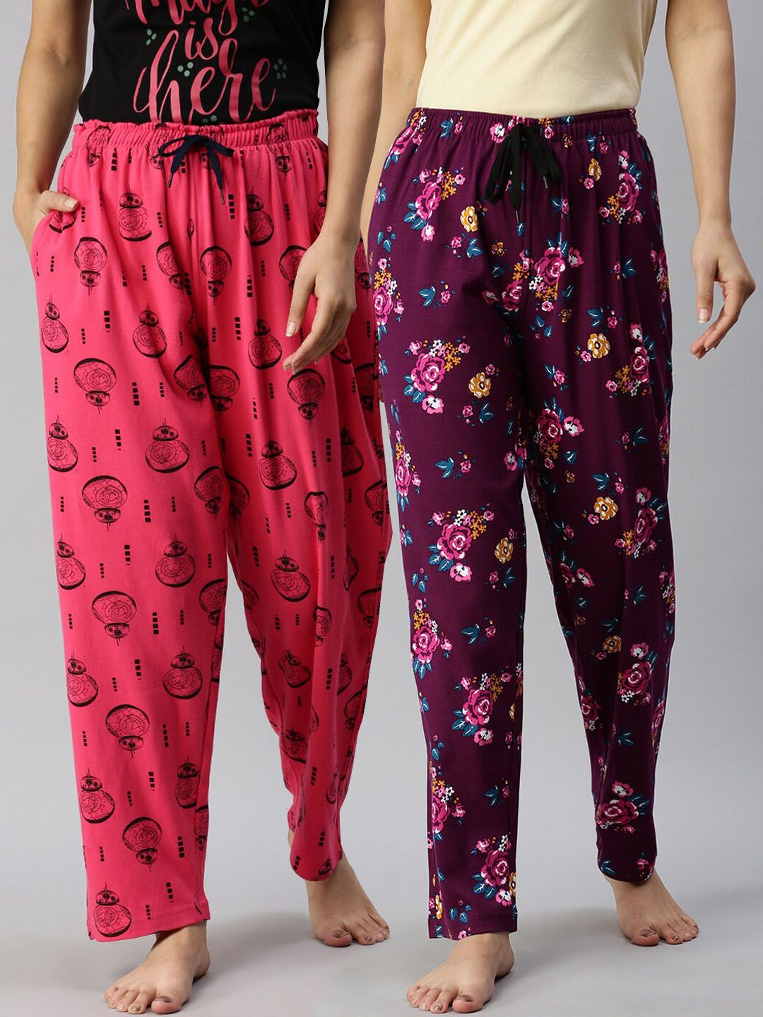 Kryptic Women Pack Of 2 Fuchsia & Maroon Printed Pure Cotton Lounge Pants Price in India