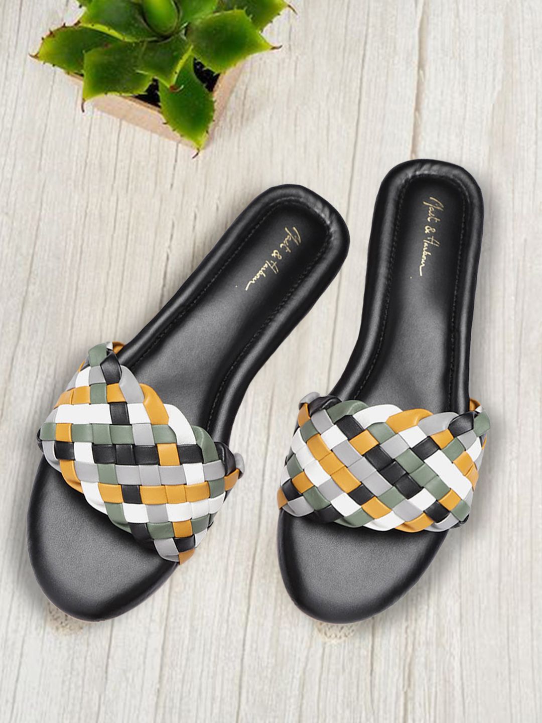 Mast & Harbour Women Black & Green Basketweave Open Toe Flats Price in India