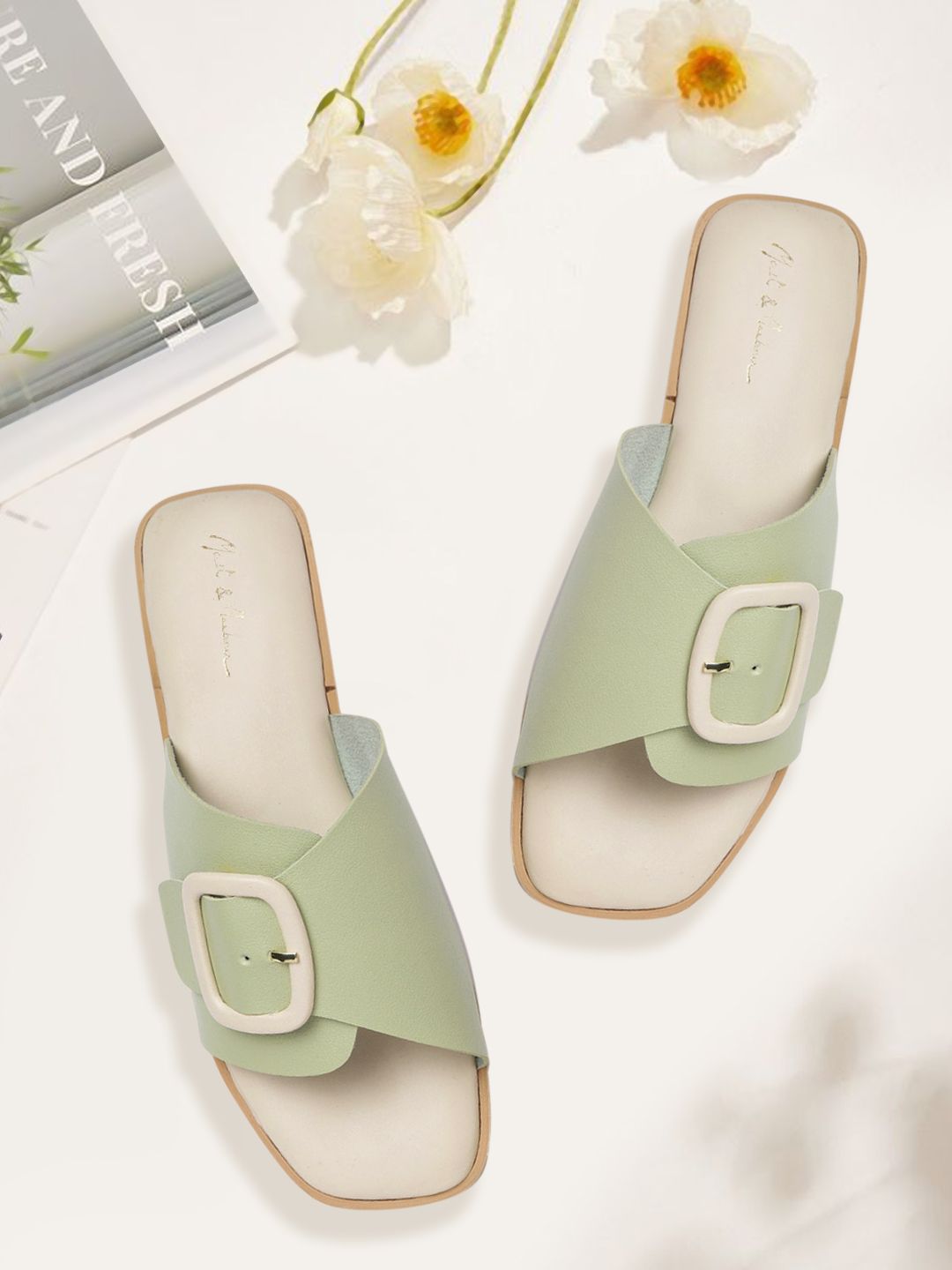 Mast & Harbour Women Green Solid Open Toe Flats with Buckle Price in India