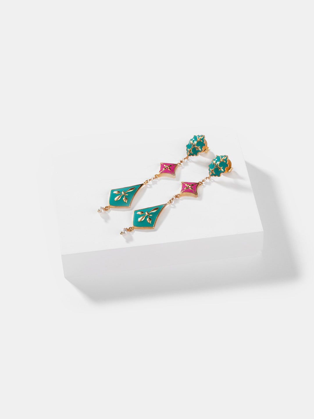 SHAYA Gold-Plated Pink & Green Enamelled Drop Earrings Price in India