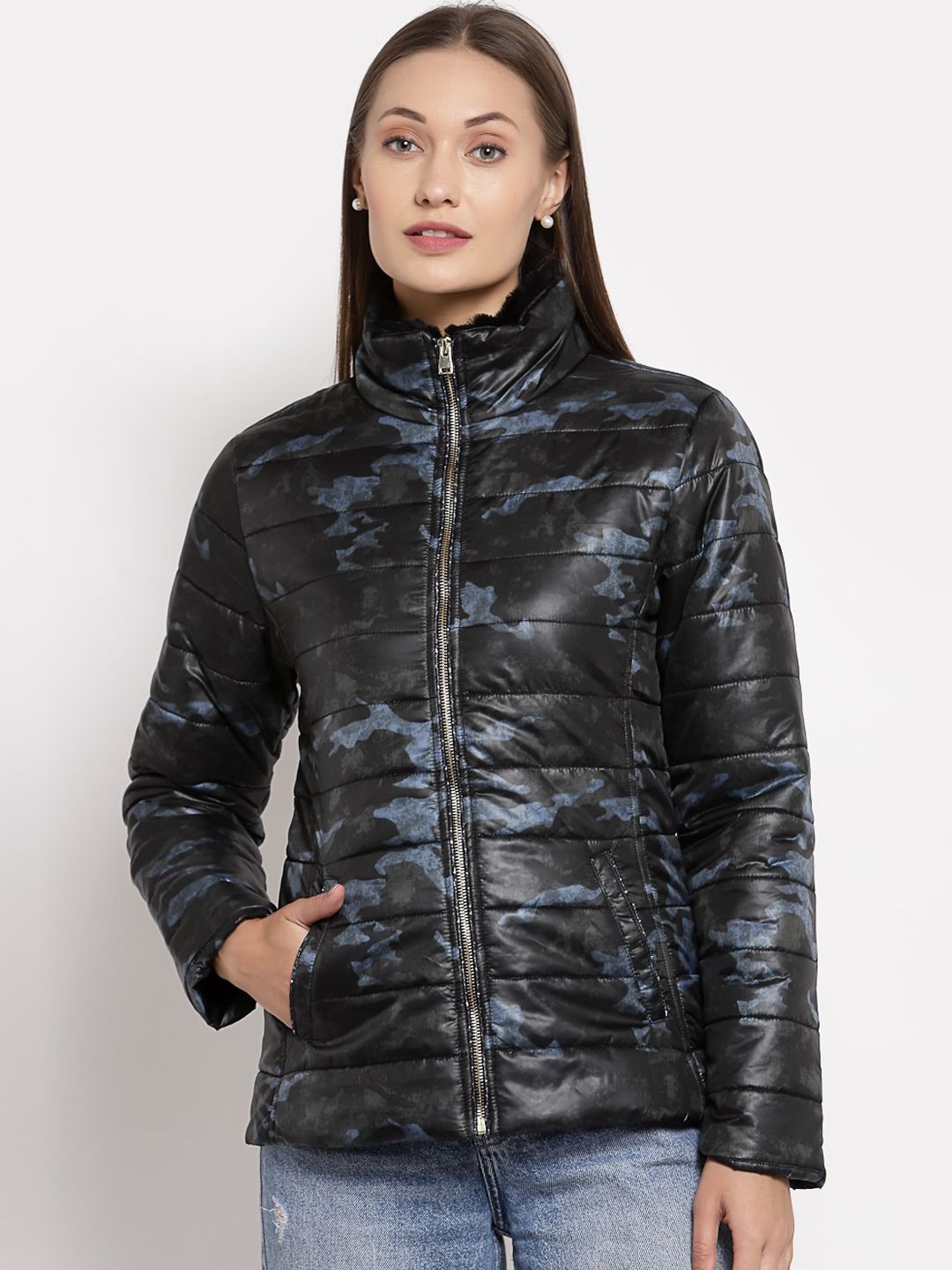 Juelle Women Black & Blue Camouflage Puffer Jacket Price in India