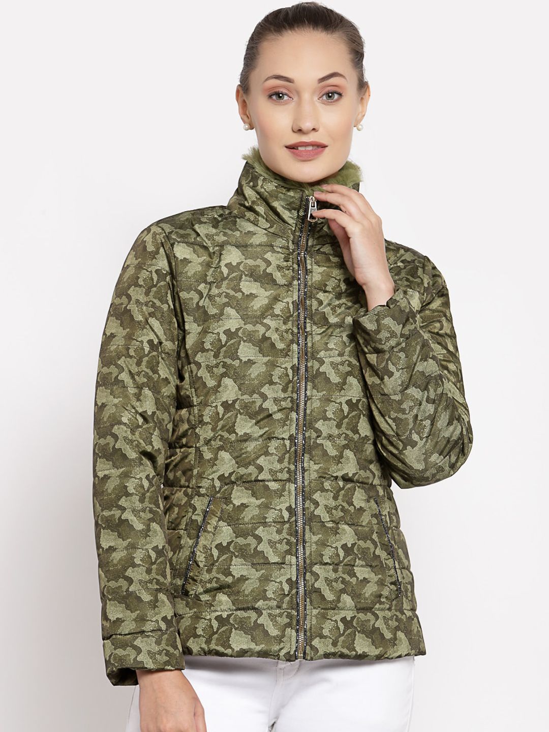 Juelle Women Olive Green Camouflage Printed Regular Fit Padded Jacket Price in India