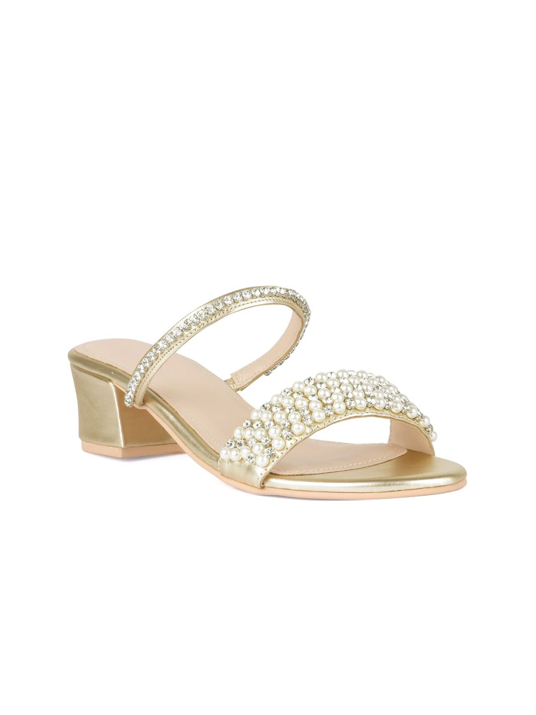 London Rag Gold-Toned Embellished PU Party Block Sandals Price in India