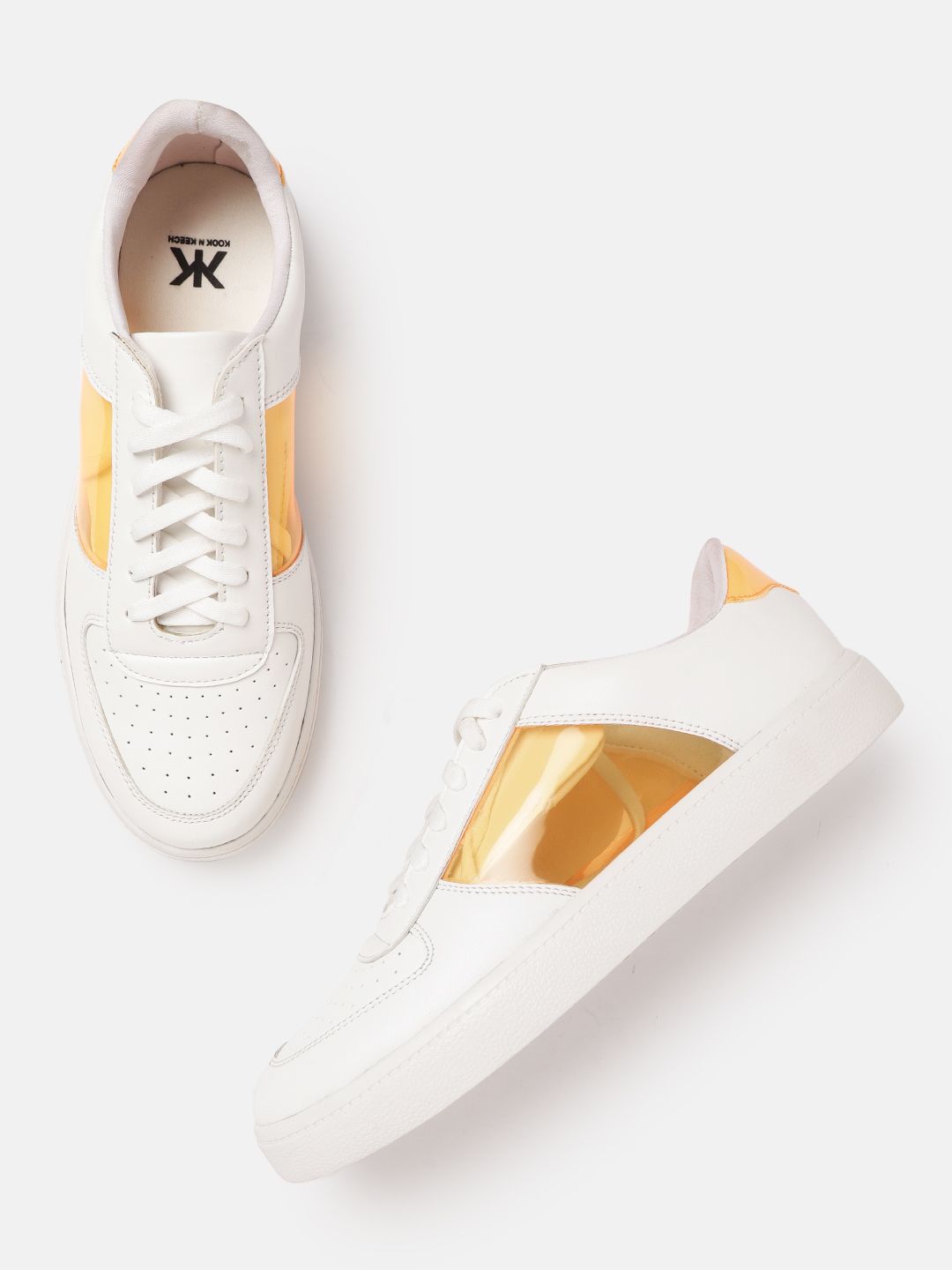 Kook N Keech Women White & Mustard Yellow Colourblocked Sneakers Price in India