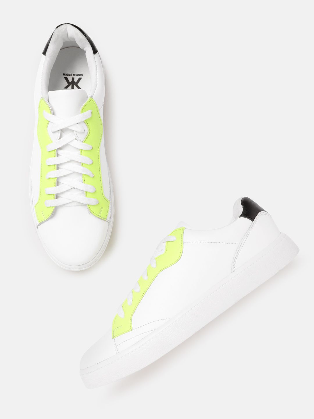 Kook N Keech Women White & Fluorescent Green Colourblocked Sneakers Price in India
