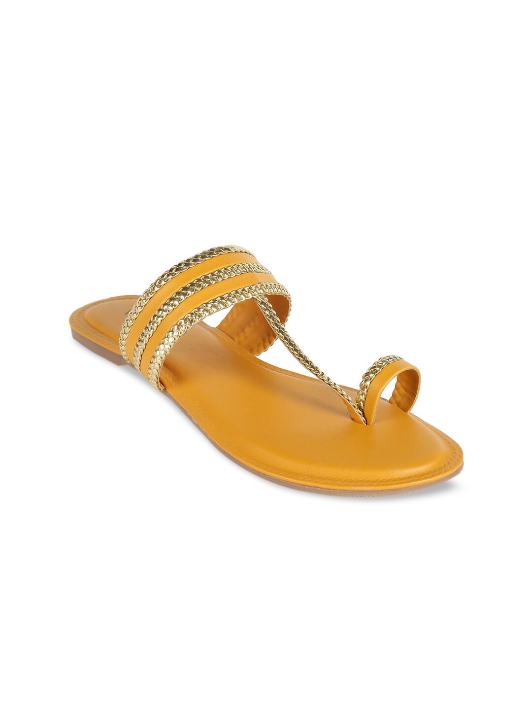 Vishudh Women Mustard Yellow & Gold-Toned Embellished One Toe Flats Price in India