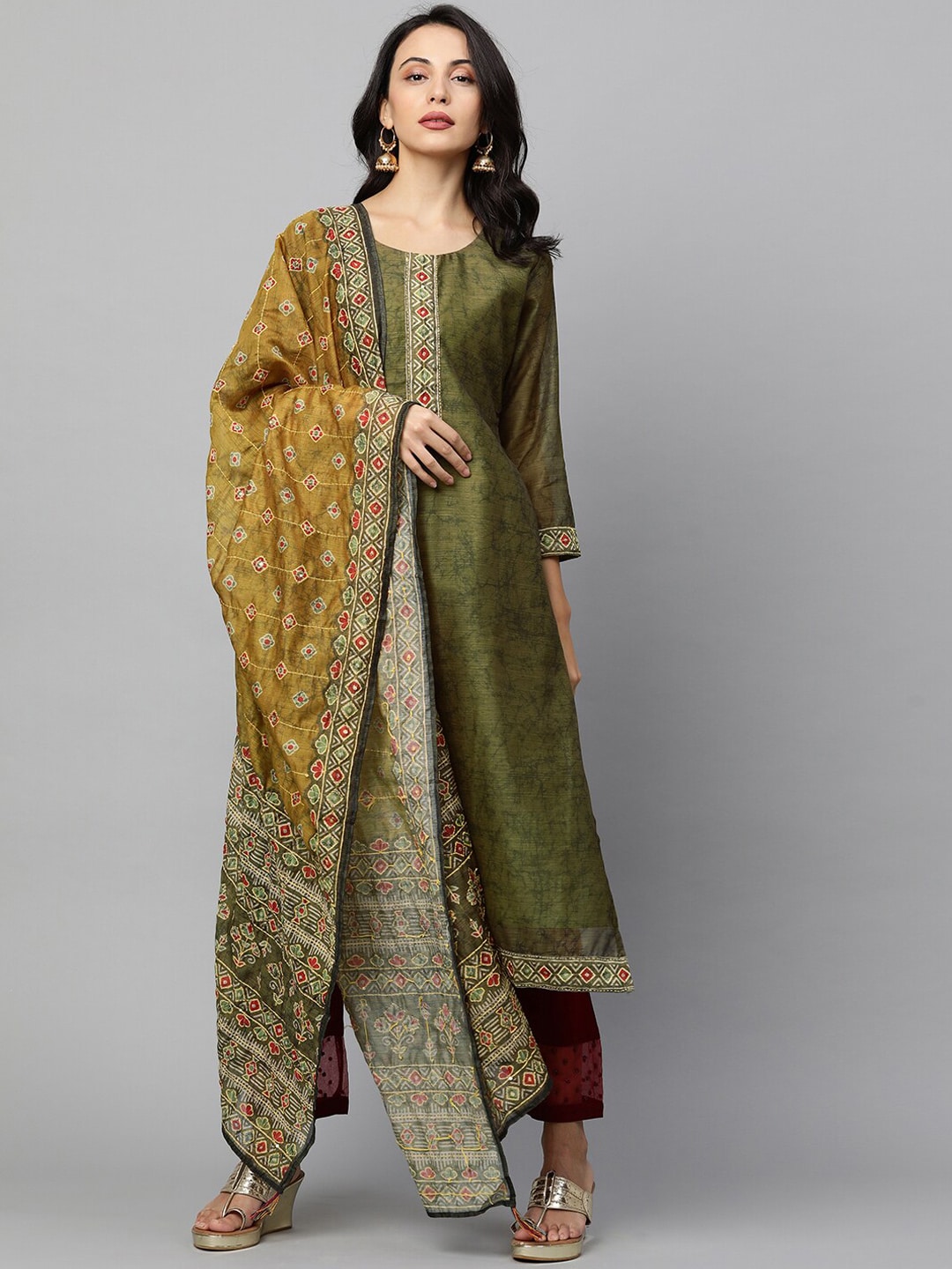 FASHOR Women Green & Yellow Printed Chanderi Silk A-line Kurta with Kantha Dupatta Price in India
