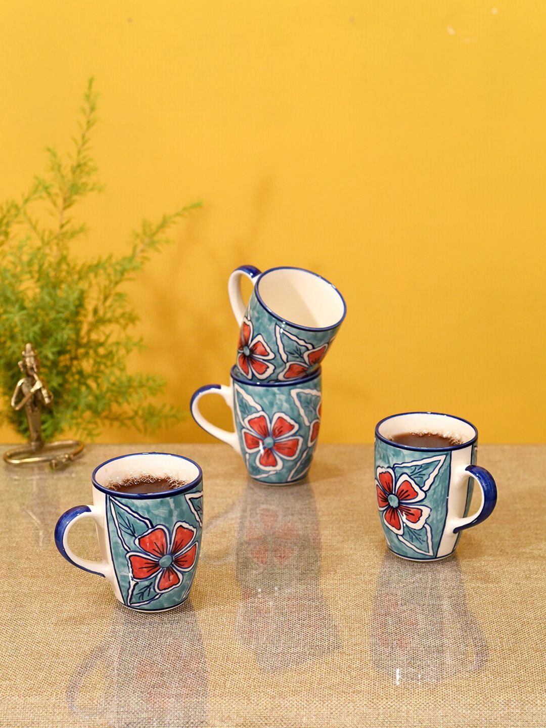 AAKRITI ART CREATIONS Set of 4 Blue & Red Printed Ceramic Matte Cups Price in India