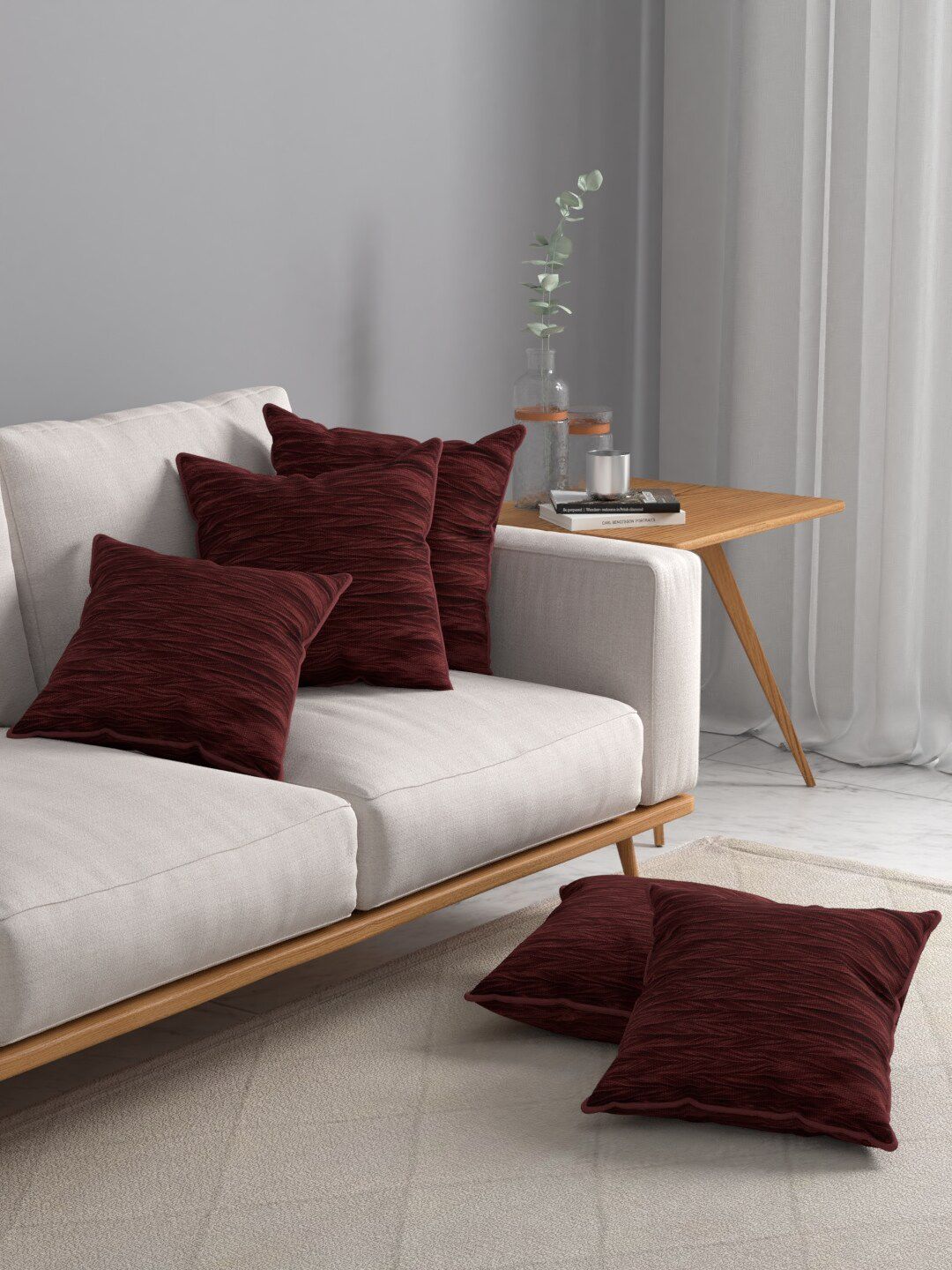 ROSARA HOME Maroon Set of 5 Square Cushion Covers Price in India