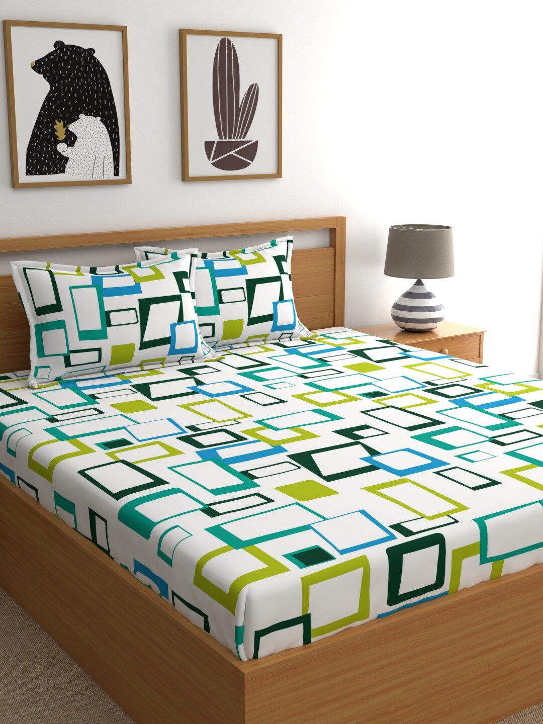 Home Ecstasy Green & White Geometric 140 TC Queen Bedsheet with 2 Pillow Covers Price in India