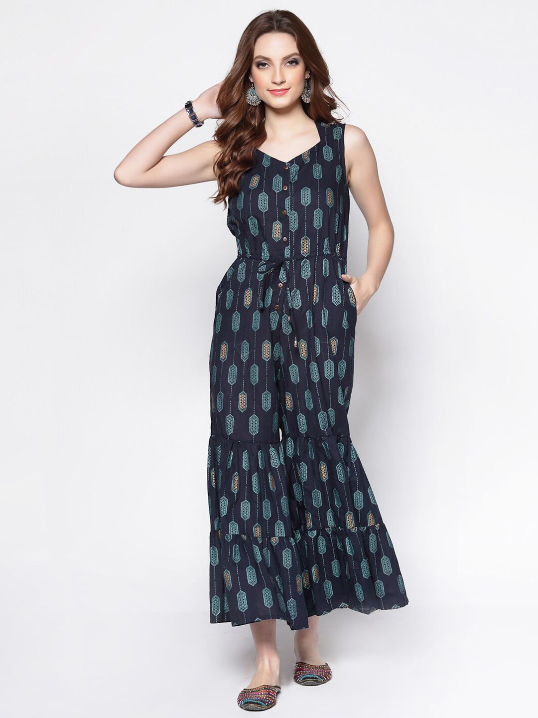 Sera Women Navy Blue & Green Printed Tiered Jumpsuit Price in India