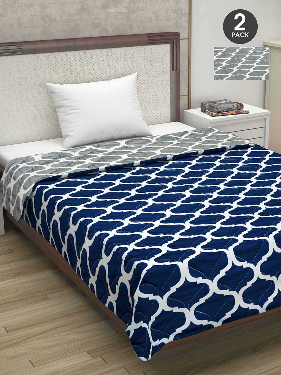 Divine Casa Set Of 2 Grey & Navy Blue Geometric 110 GSM Single Bed Comforters Price in India