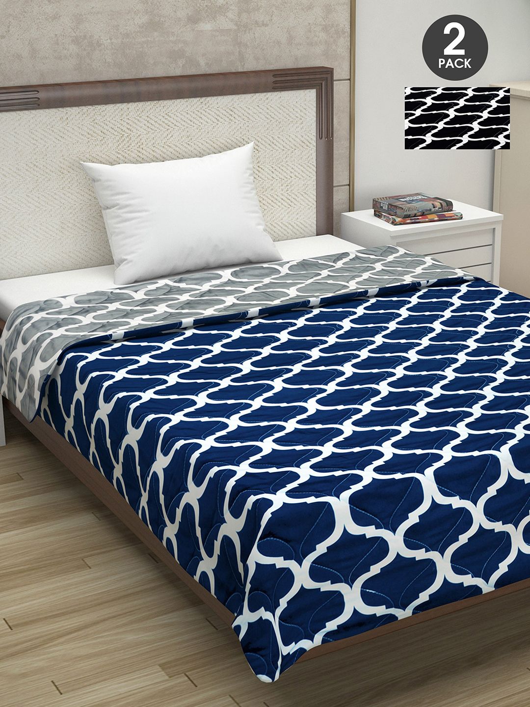 Divine Casa Set of 2 Navy Blue & White Geometric Mild Winter 110 GSM Single Bed Comforter Price in India