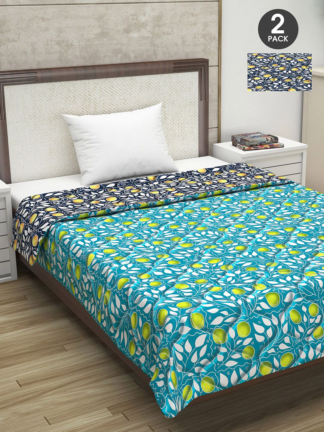 Divine Casa Turquoise Blue & Navy Blue Set of 2 Floral Mild Winter 110 GSM Single Bed Comforter Price in India