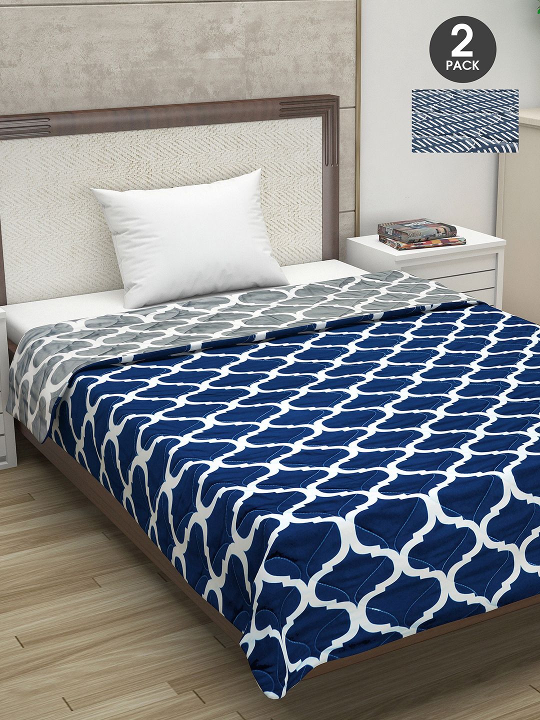 Divine Casa Navy Blue & White Set of 2 Ethnic Motifs Mild Winter 110 GSM Single Bed Comforter Price in India