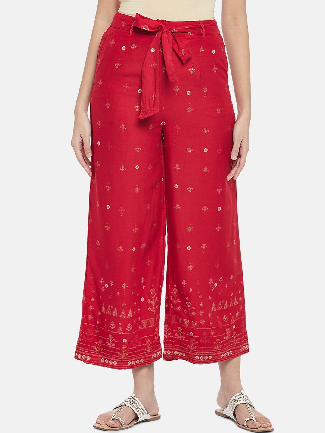AKKRITI BY PANTALOONS Women Red Ethnic Motifs Printed Parallel Trousers Price in India