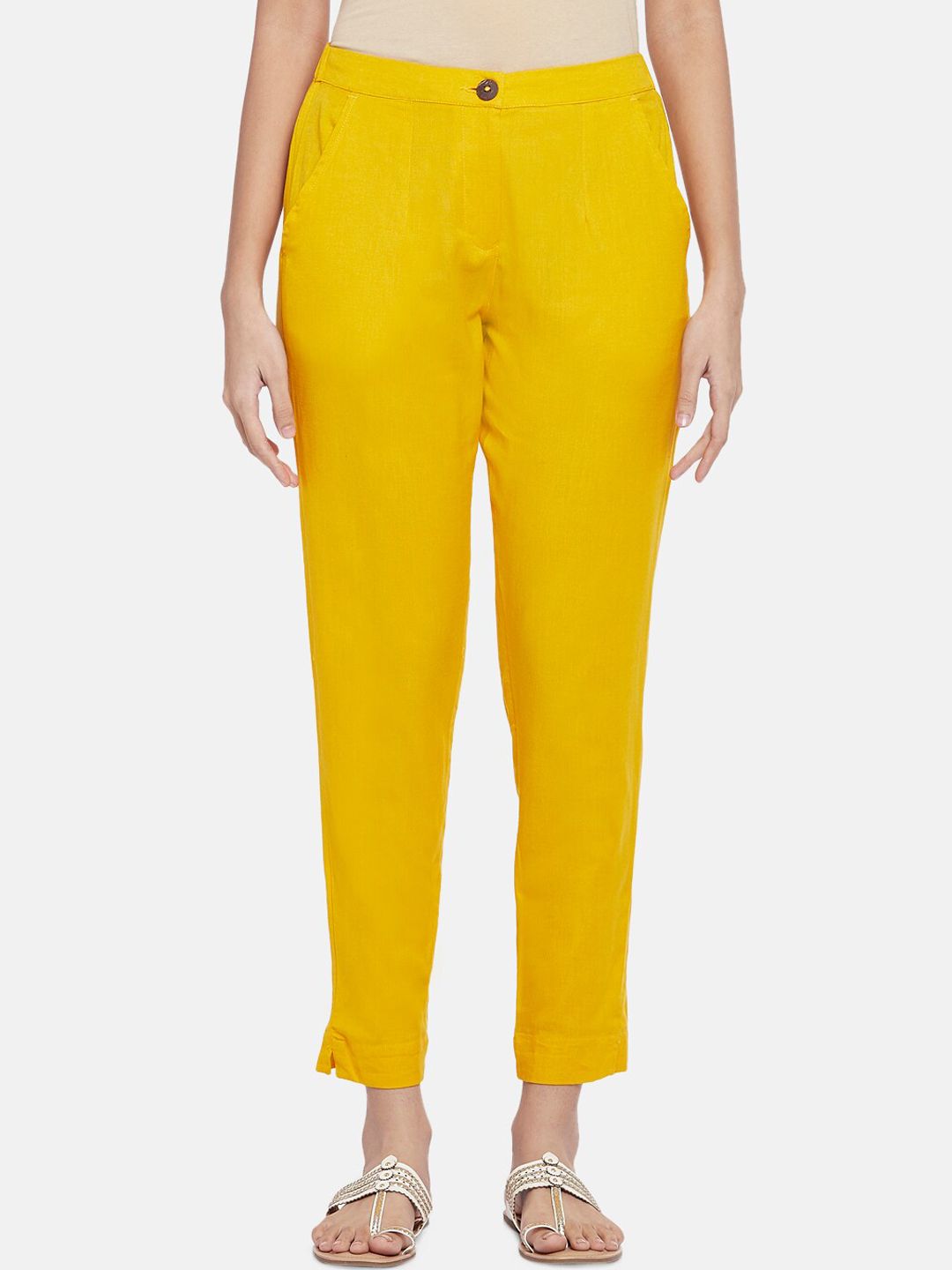 AKKRITI BY PANTALOONS Women Mustard Yellow Trousers Price in India