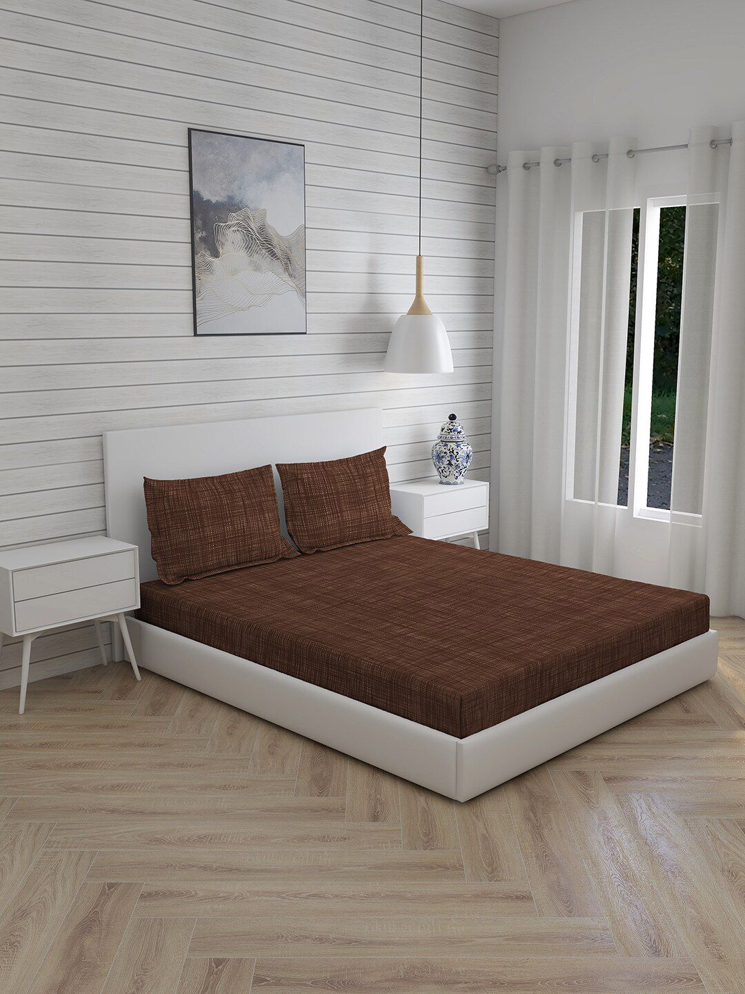 Boutique Living India Brown Geometric 300 TC King Bedsheet with 2 Pillow Covers Price in India