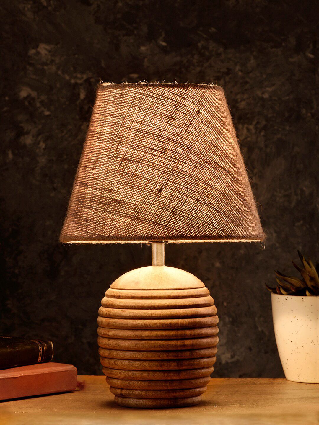 green girgit Striped Wooden Brown Lamp with Brown Jute Shade Price in India