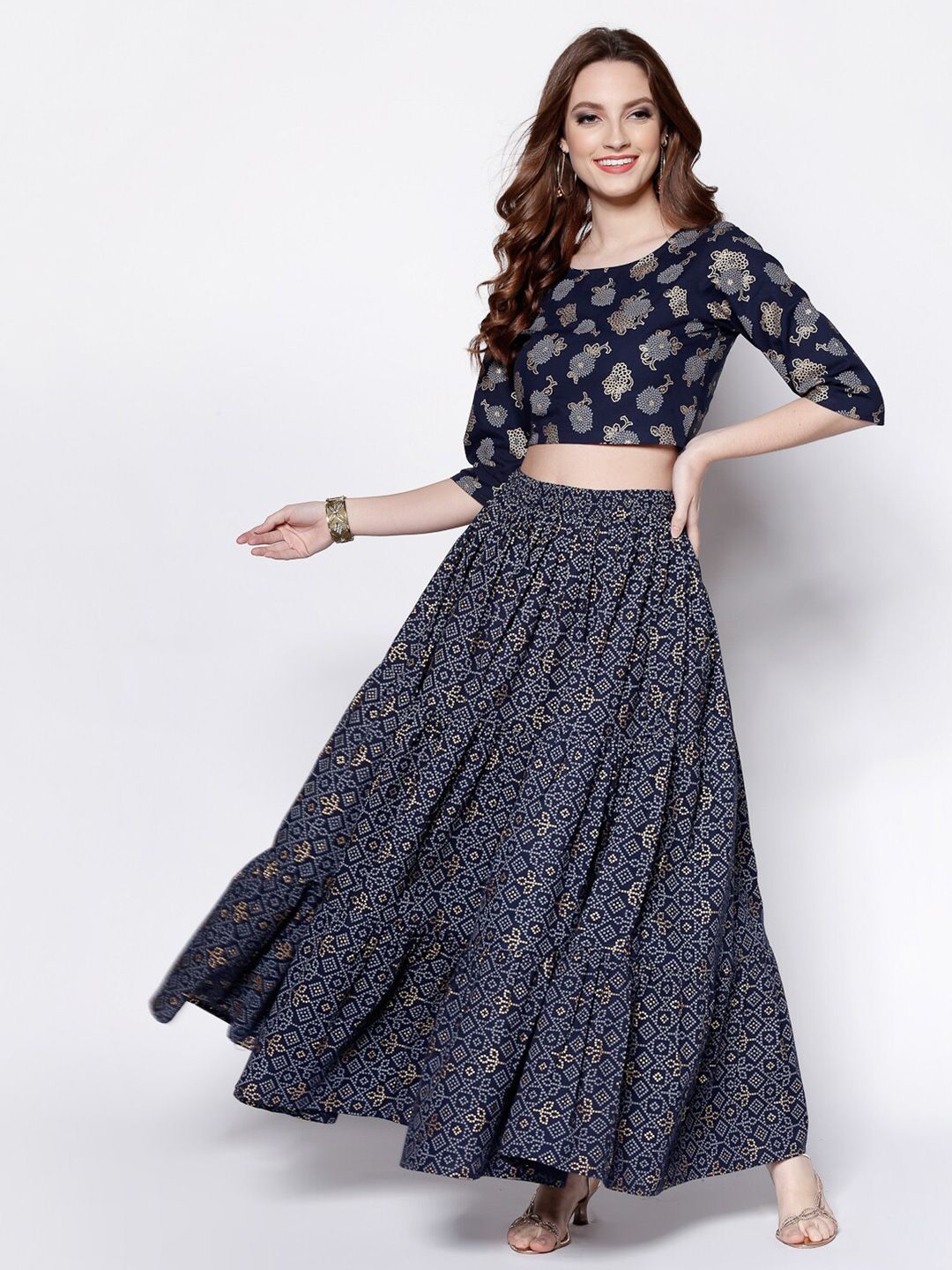 Sera Navy Blue & Gold-Toned Printed Ready to Wear Lehenga Price in India