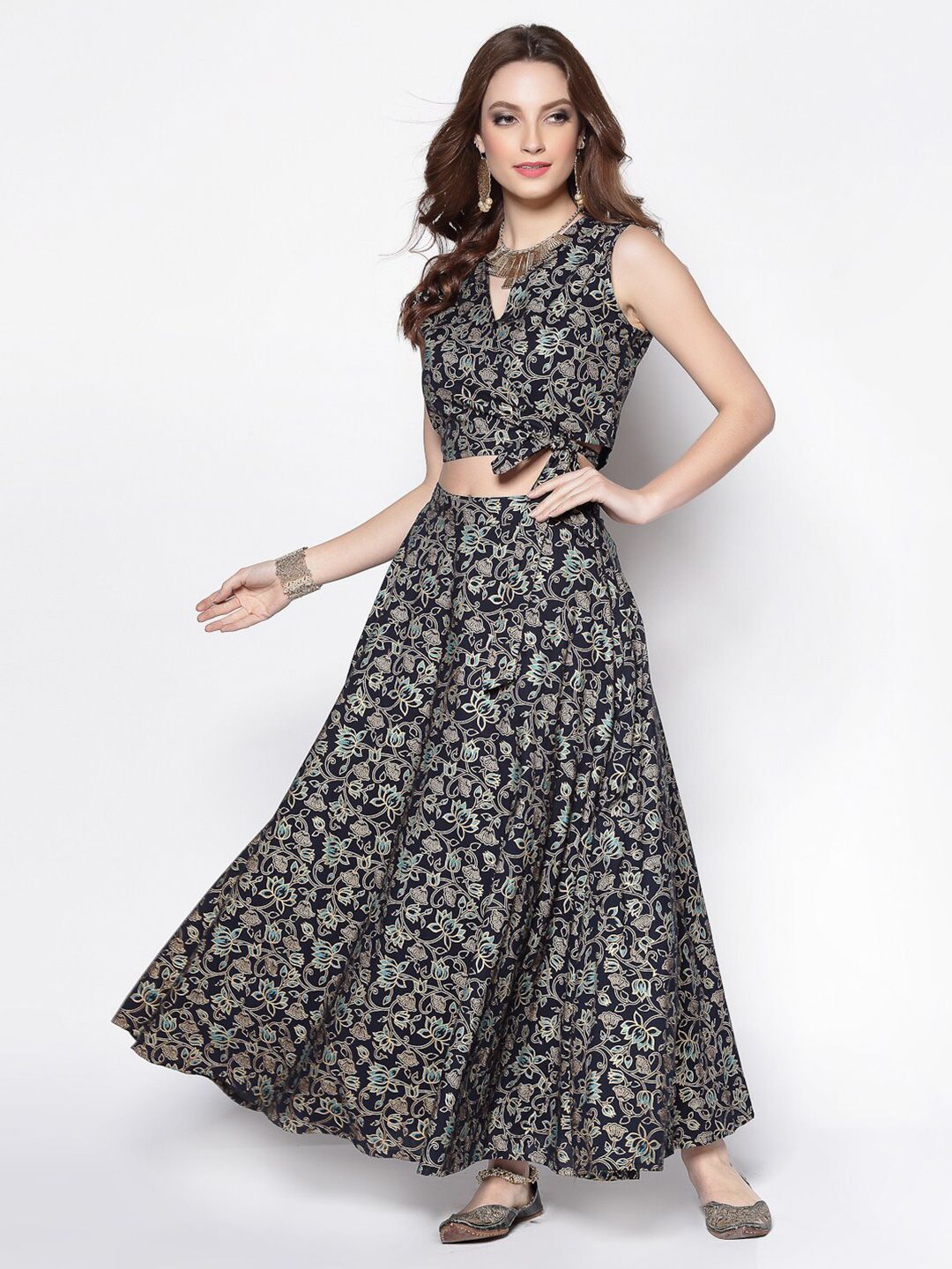 Sera Women Black & Gold-Toned Printed Ready to Wear Lehenga & Choli Price in India