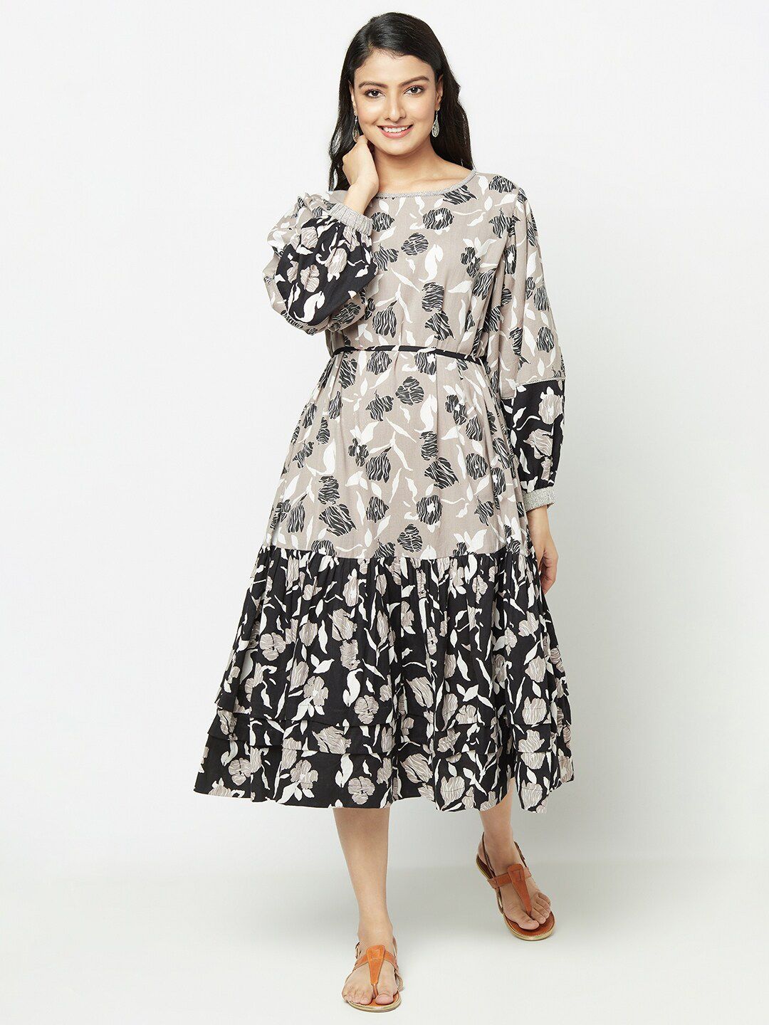 Fabindia Grey Floral Printed Fit & Flare Midi Dress Price in India