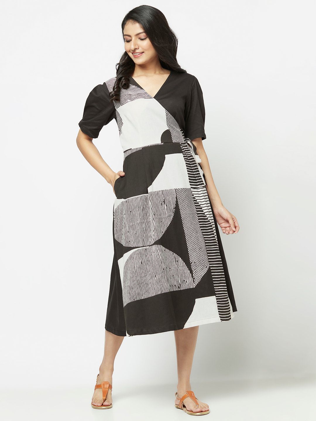 Fabindia Black & Grey Midi Dress Price in India