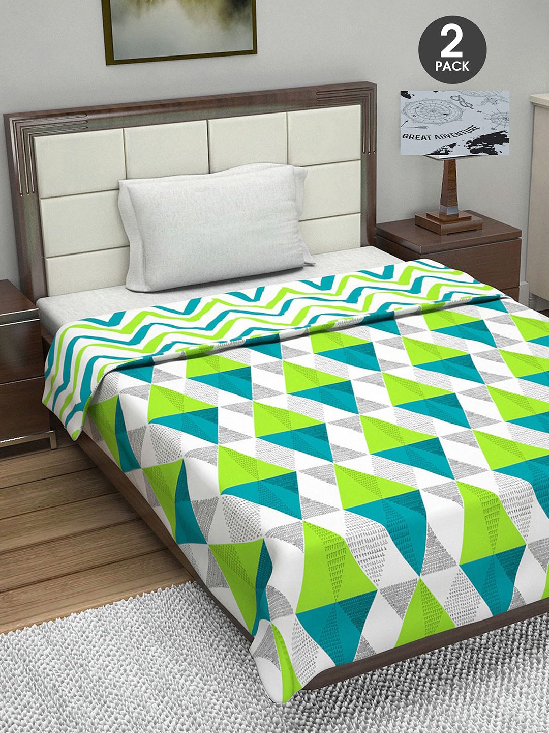 Divine Casa Green & White Set of 2 Geometric AC Room 110 GSM Single Bed Dohar Price in India
