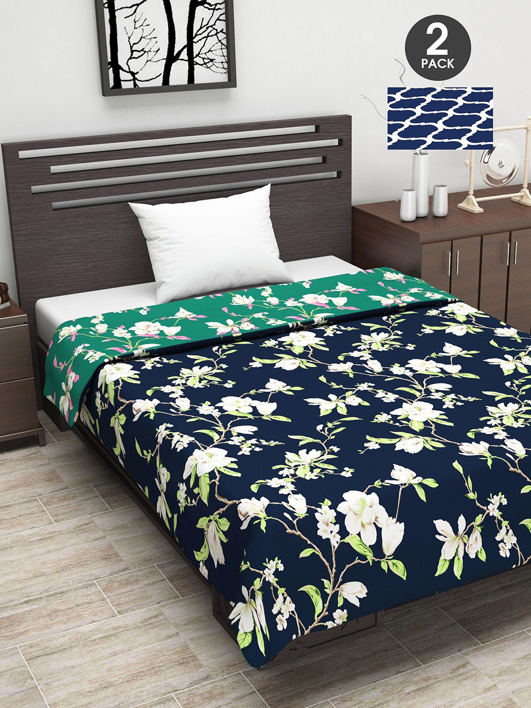 Divine Casa Navy Blue & Grey Set of 2 Floral AC Room 110 GSM Single Bed Dohar Price in India