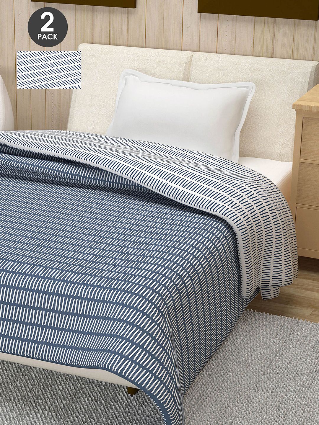 Divine Casa Pack of 2 Blue & White Striped AC Room 110 GSM Single Bed Dohar Price in India