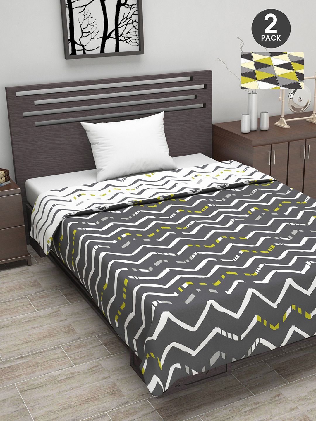 Divine Casa Yellow & Grey Set of 2 Geometric AC Room 110 GSM Single Bed Dohar Price in India