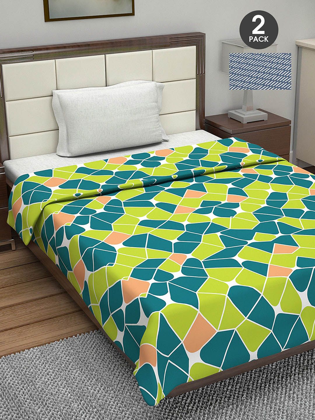 Divine Casa Set of 2 Green & Navy Blue Geometric AC Room 110 GSM Single Bed Dohar Price in India