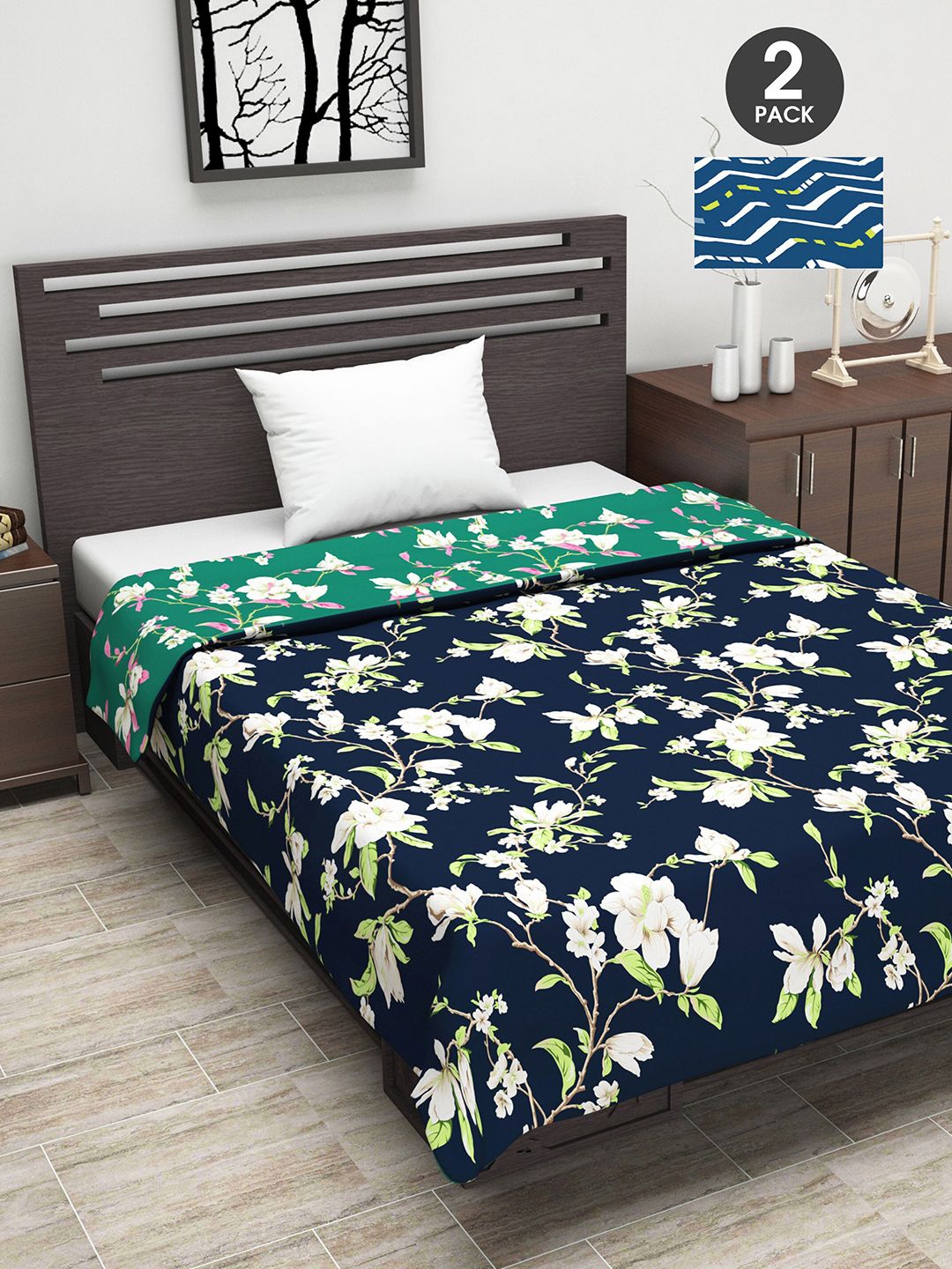 Divine Casa Navy Blue & Green Set of 2 Floral AC Room 110 GSM Single Bed Dohar Price in India