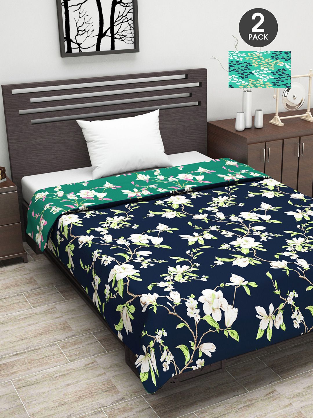Divine Casa Set Of 2 Navy Blue & Orange Floral 110 GSM Single Bed AC Room Dohars Price in India