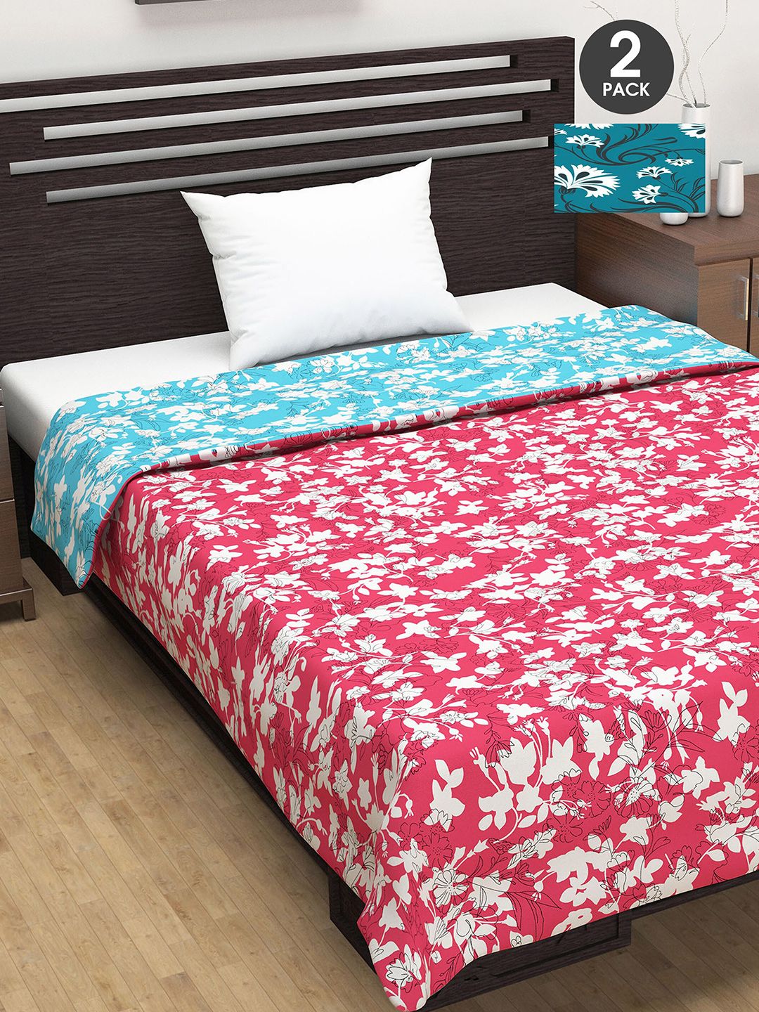 Divine Casa Set Of 2 Pink & Blue Floral 110 GSM Single Bed AC Room Dohars Price in India