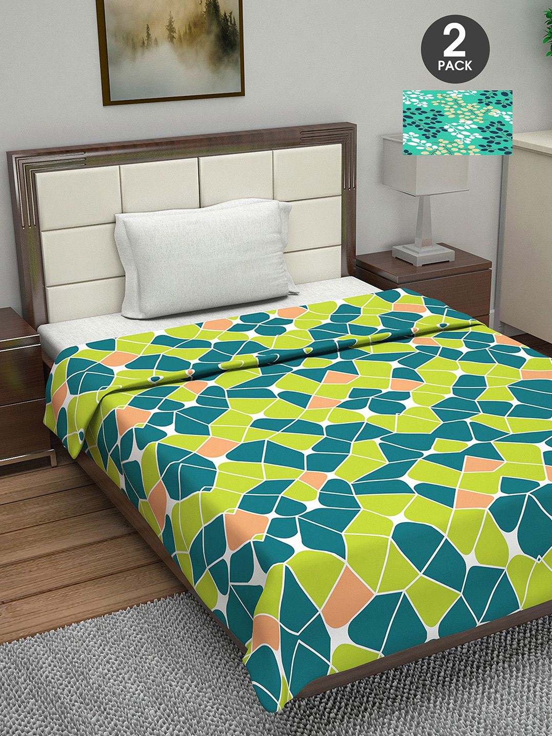 Divine Casa Green & Blue Set of 2 Geometric AC Room 110 GSM Single Bed Dohar Price in India