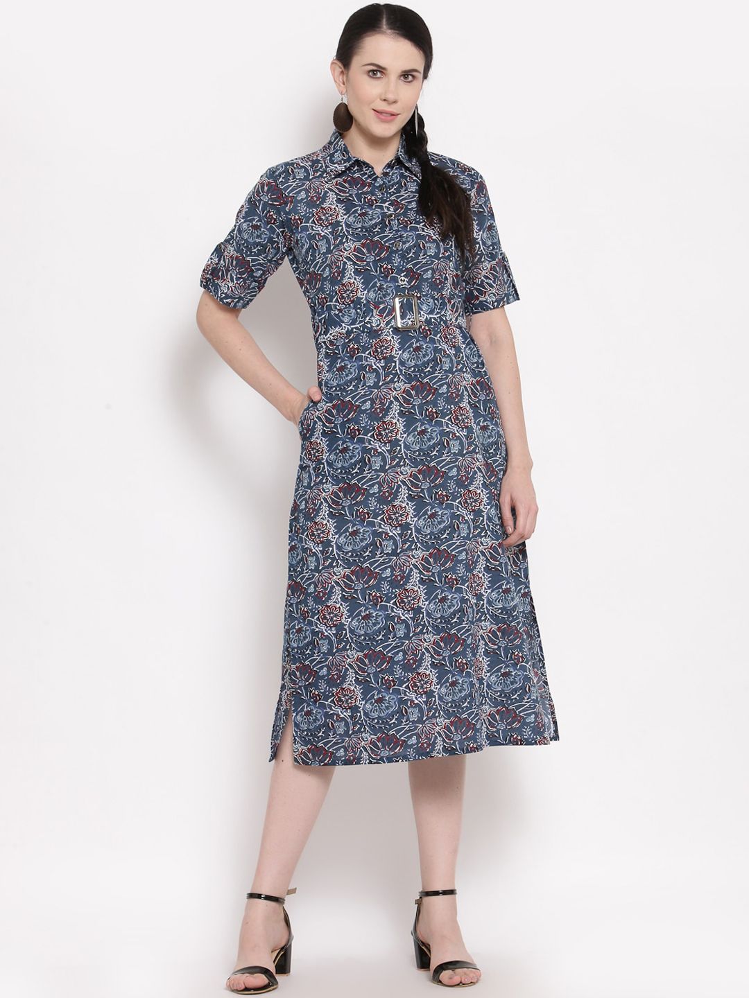 Indibelle Blue & Maroon Floral Cotton Shirt Dress Price in India